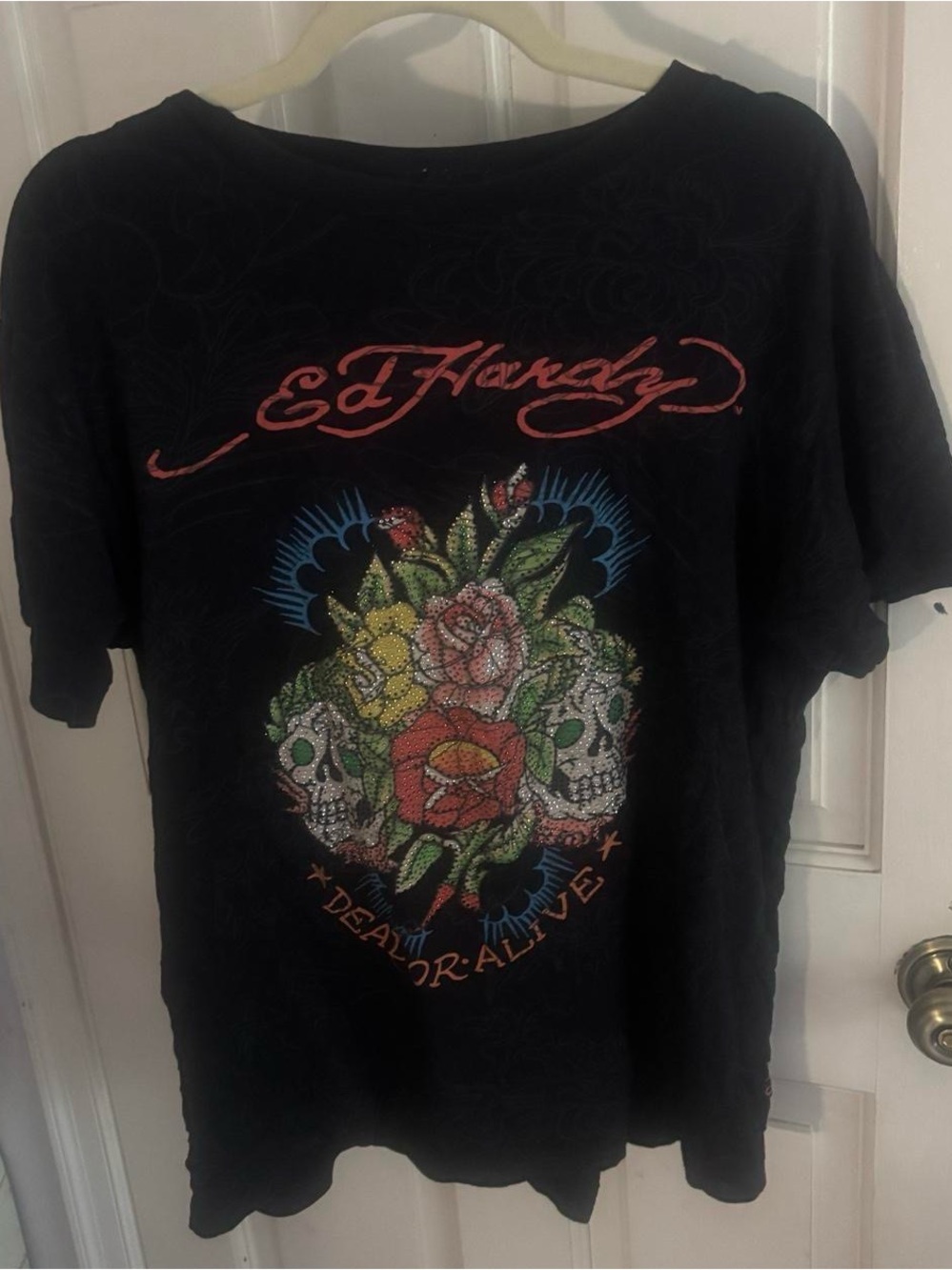 Ed Hardy Tee with Floral Skull Graphic and Gems